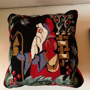 Vtg House of Hatten Needlepoint Santa Pillow with zipper opening on velvet back.